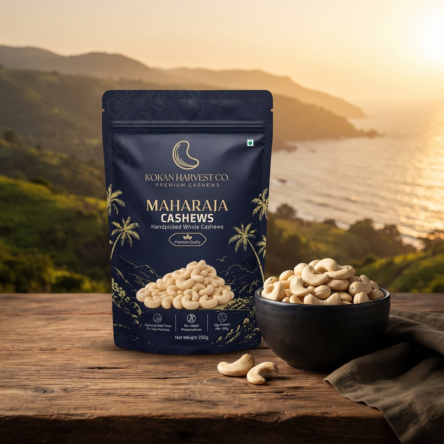 Open pouch of Maharaja Premium whole cashews resting on a table