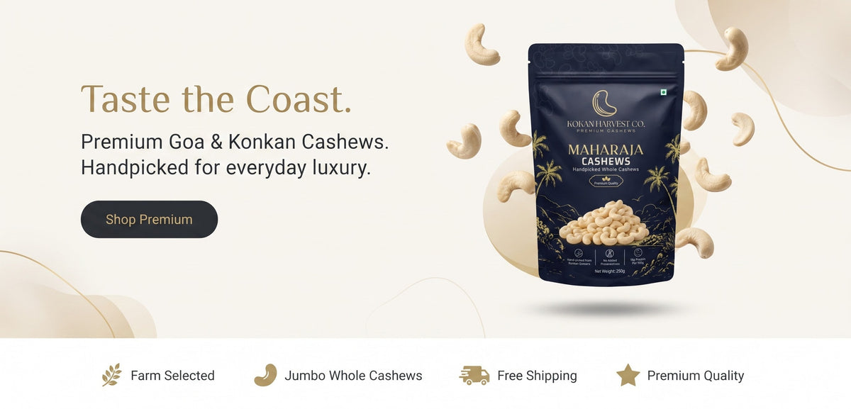 Kokan Harvest Co. Maharaja Premium Cashews pouch on a cream background