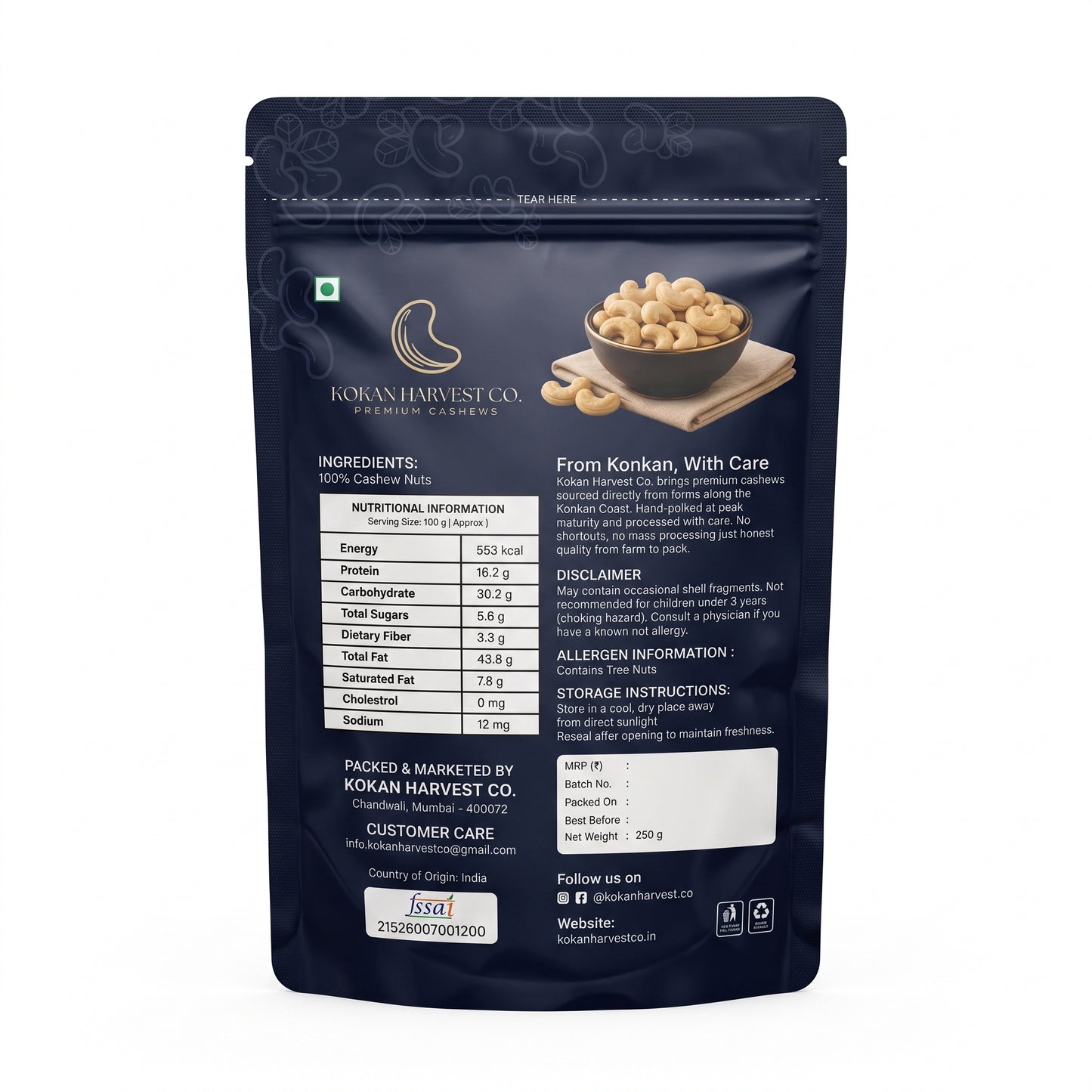 Kokan Harvest Co. Maharaja Premium Cashews 250g pouch product mockup